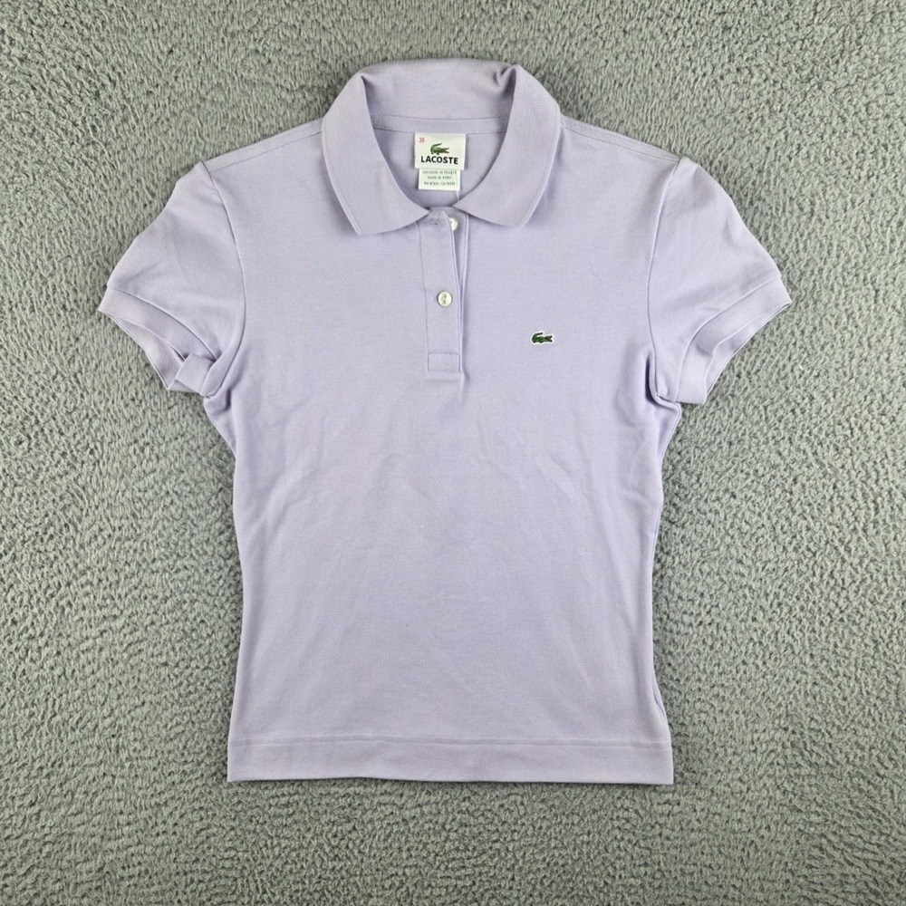 Lacoste Pique Stretch Shirt Women 38 US 6 Purple Short Sleeve Polo Button Cotton